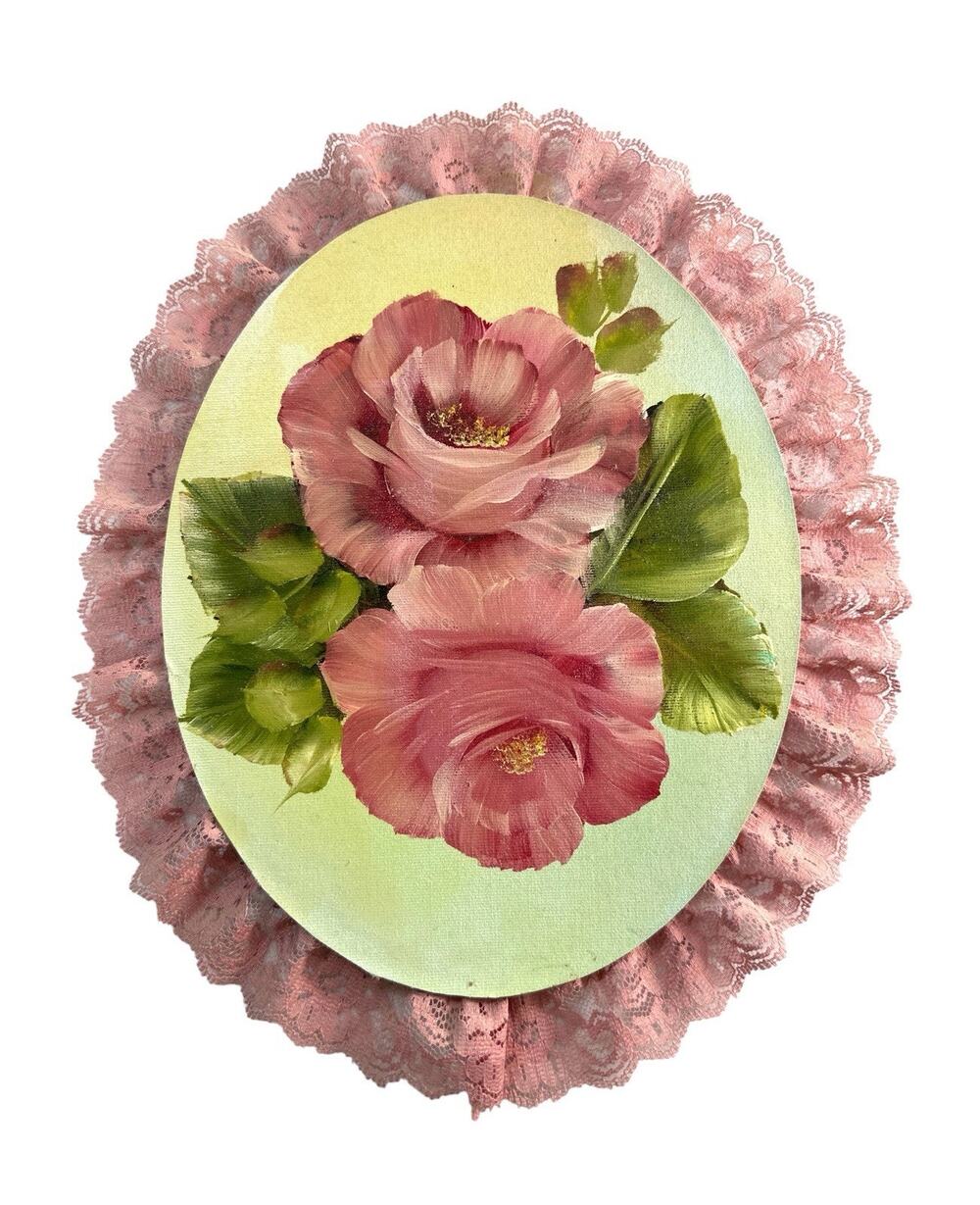 Vintage Hand Painted Pink Roses Floral Wall Art Lace Ruffle Cottage Decor